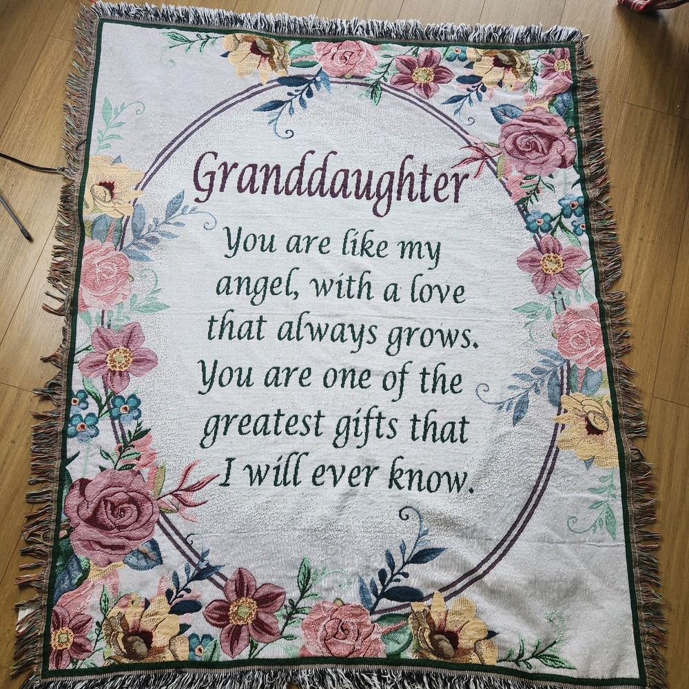 Vtg Tapestry Throw Blanket Botanical Floral Granddaughter  Love Message 60 X 48"